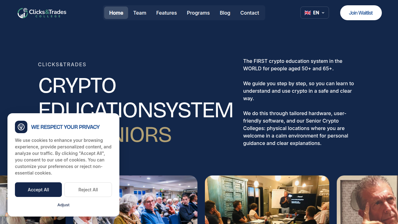 The Clicks and Trades website, highlighting the signup area for their free newsletter, which provides clear crypto insights.