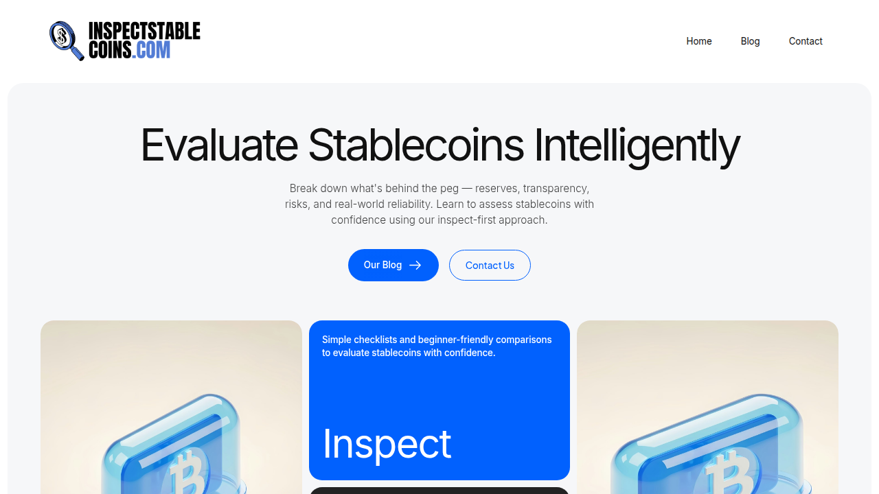 The InspectStablecoins website, featuring their essential guide to stablecoin due diligence for informed investment decisions.