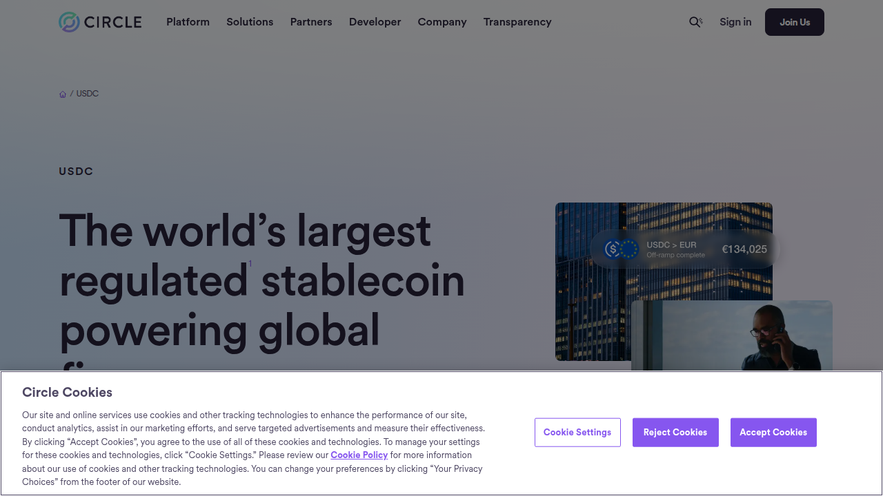 The official website for Circle's USDC, a leading fiat-backed stablecoin, showcasing information about its stability and transparency efforts, including audit reports.