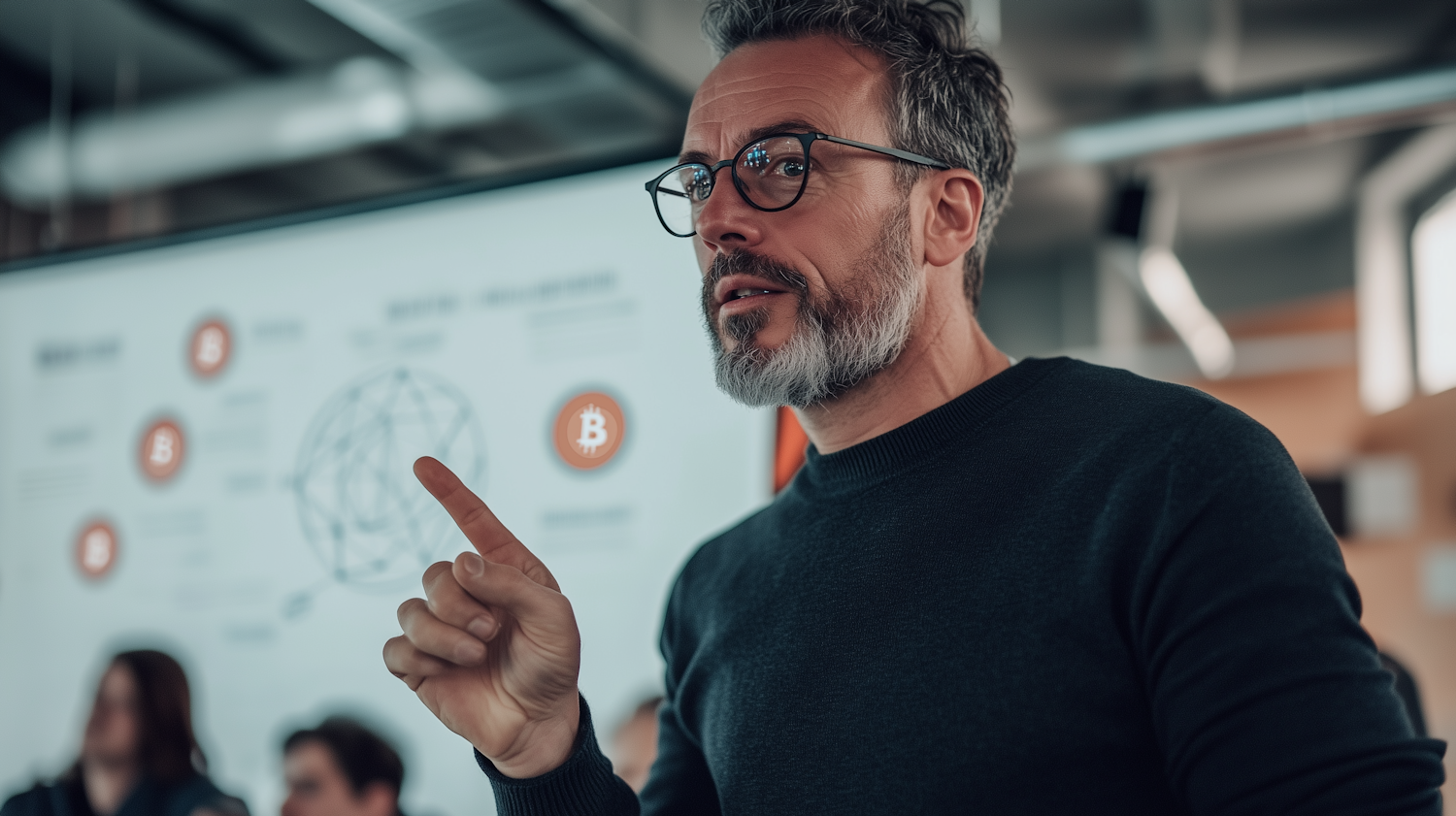 A small business team discusses their cryptocurrency and stablecoin strategy in a professional setting.