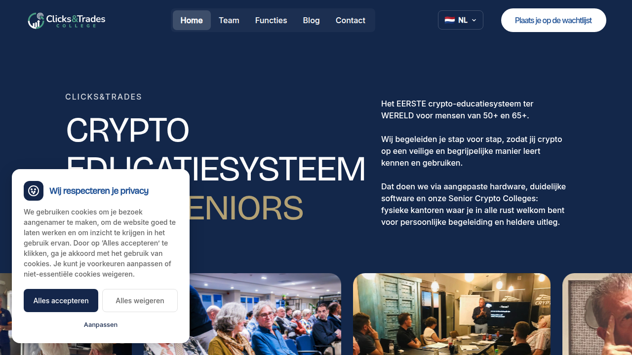 Screenshot of the Clicks and Trades homepage, offering free crypto education and safety tips.