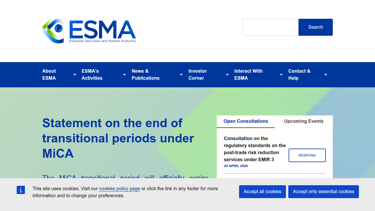 Screenshot of the European Securities and Markets Authority (ESMA) official website, an EU financial regulatory body.