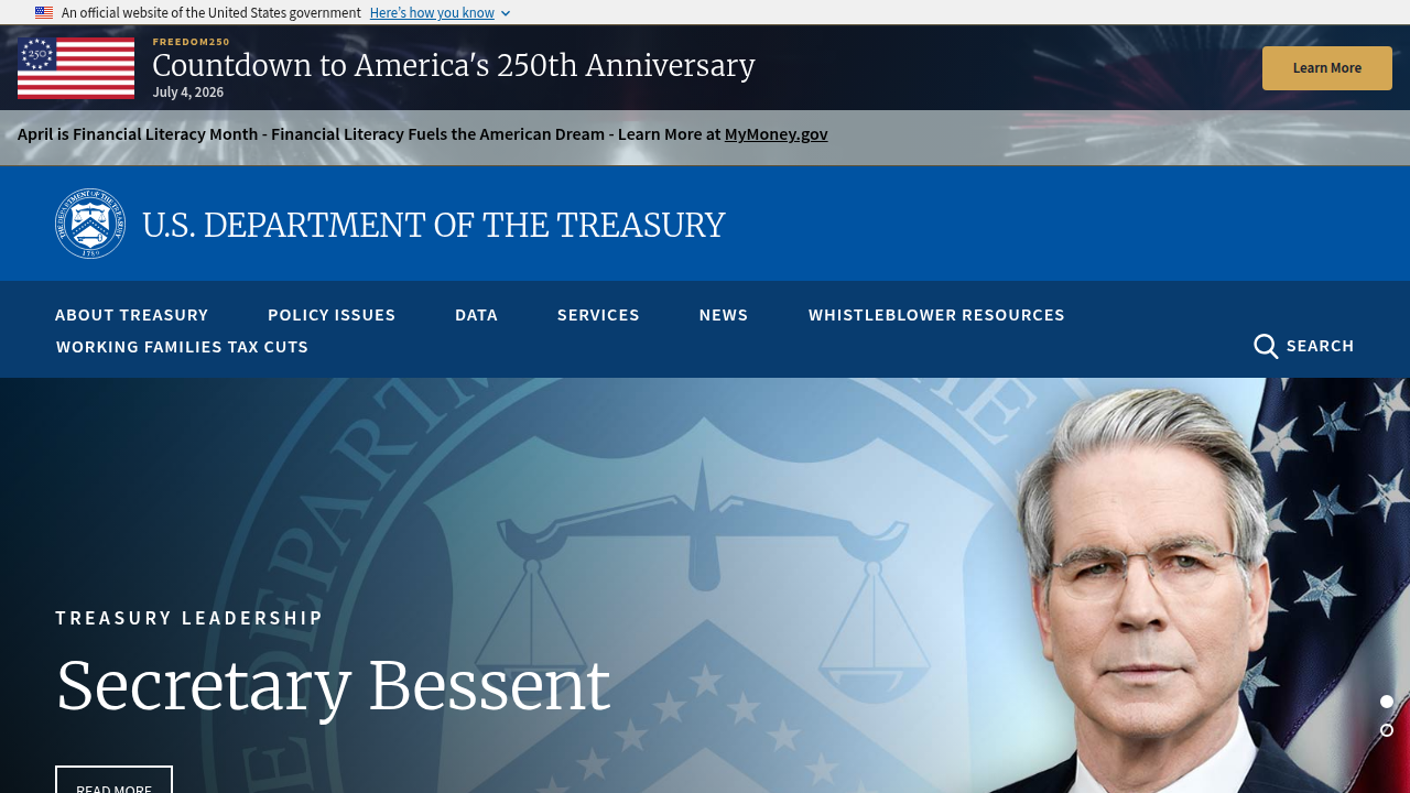 The official homepage of the U.S. Department of the Treasury, a key source for regulatory updates and risk assessments related to digital assets.