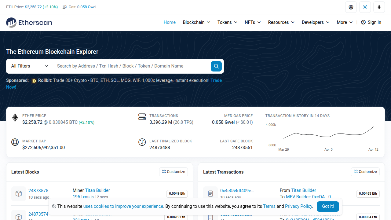 A screenshot of the Etherscan homepage, a popular blockchain explorer for the Ethereum network, used for verifying transactions and wallet balances.